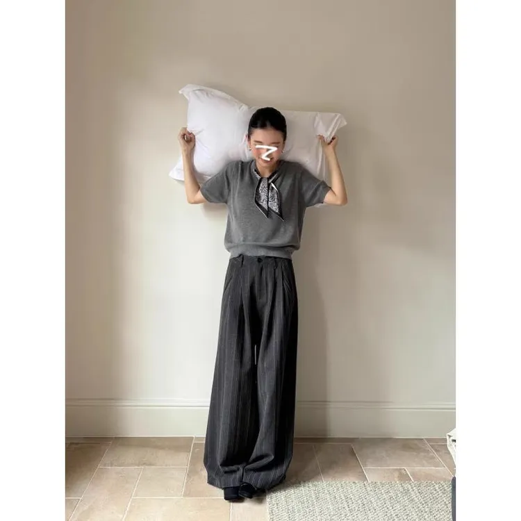 老钱风初秋穿搭套装短袖针织衫上衣女装秋季条纹西装休闲裤两件套