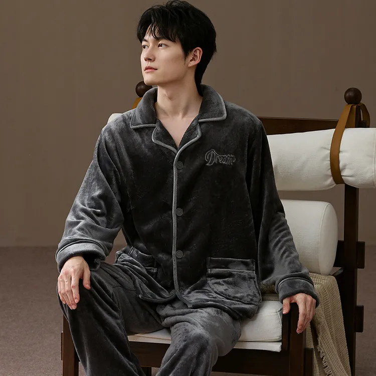 2025秋冬季加绒加厚法兰绒2025长袖长裤青年男丝绒家居服套装加厚