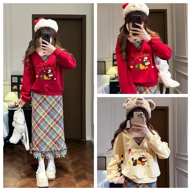 法式甜美设计感V领慵懒风连帽卫衣半身裙女2025秋季新款