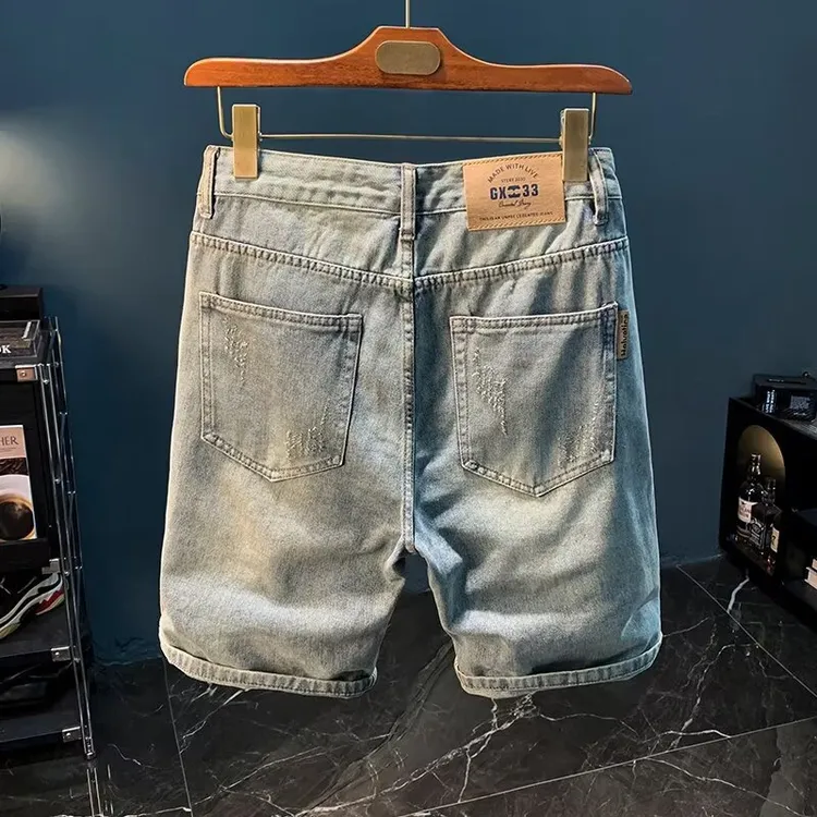 破洞牛仔短裤男士2025夏季薄款宽松直筒五分裤潮男士大码破洞短裤