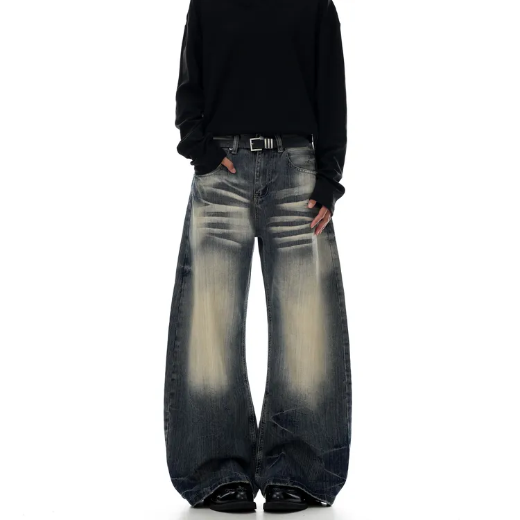 J LONE美式复古做旧水洗猫须竹节纹牛仔裤男女宽松阔腿直筒弯刀裤