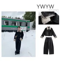 秋冬拆卸毛领保暖夹棉牛仔外套+复古水洗阔腿弯刀牛仔裤套装5910