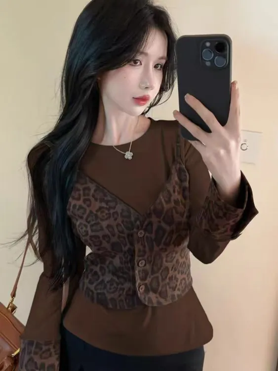 复古豹纹拼接假两件抹胸圆领女秋季辣妹长袖打底T恤遮肉显瘦1102#