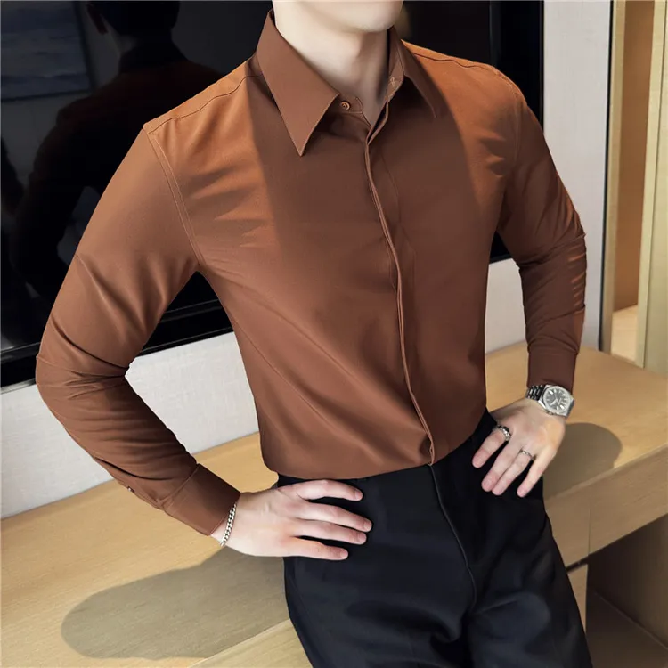 高级感弹力免烫衬衫男士长袖2025新款丝滑商务休闲垂感暗门襟衬衣