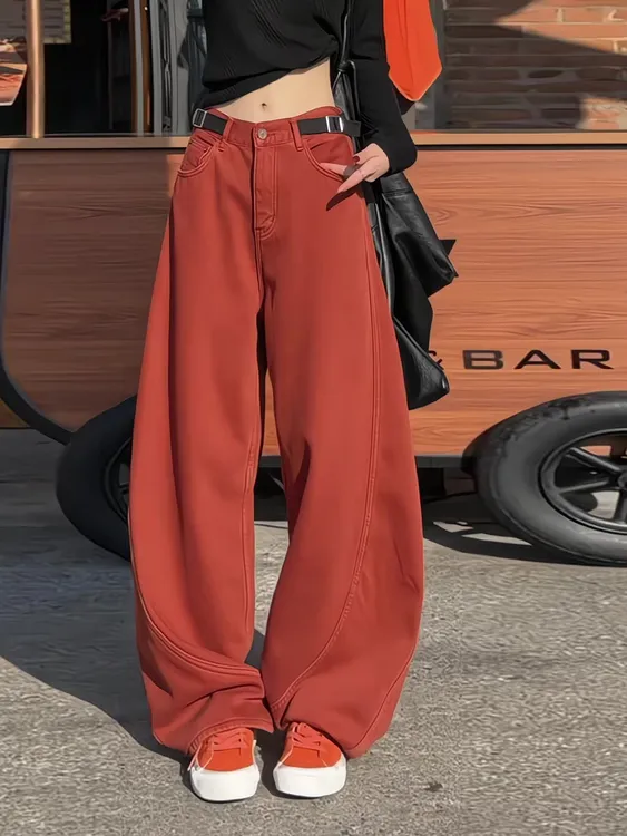 设计感弯刀牛仔加绒裤子女2025新款秋冬超火宽松显瘦加绒阔腿长裤