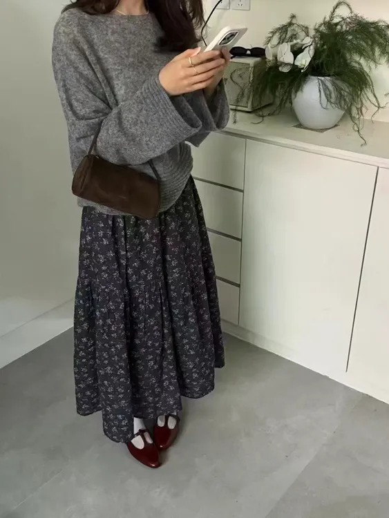 韩系气质碎花半身裙小众设计显瘦高腰中长款A字裙