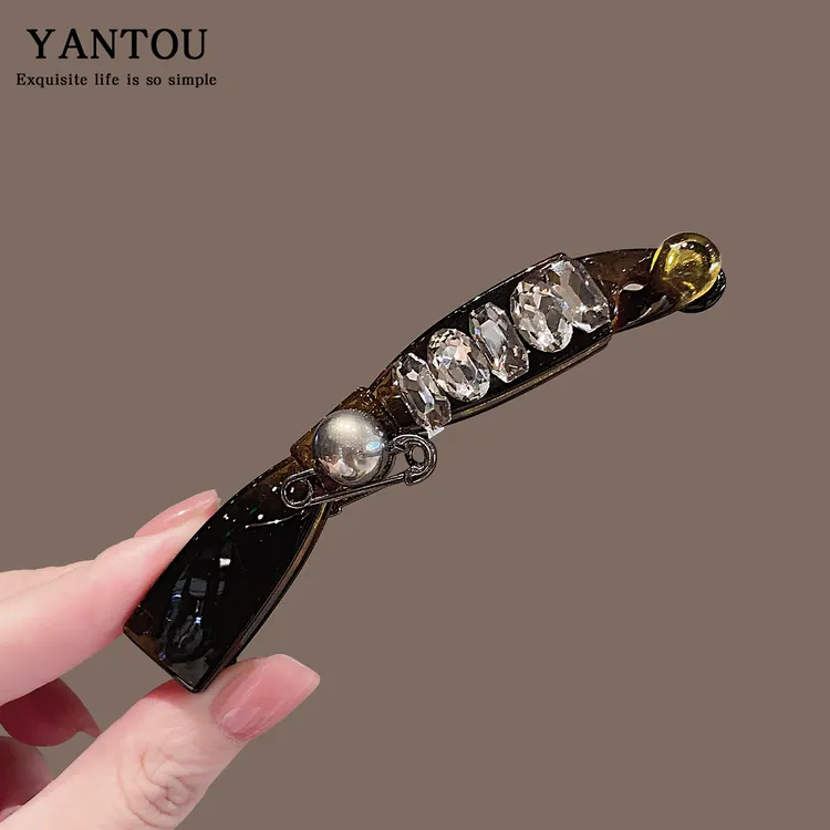 高级感水钻珍珠香蕉夹气质马尾懒人发夹子大号防滑后脑勺发卡竖