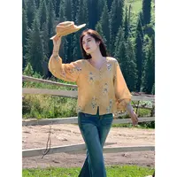 凌茜姿禾【古早茉莉】民族风碎花灯笼袖衬衫女装秋季薄款长袖上衣