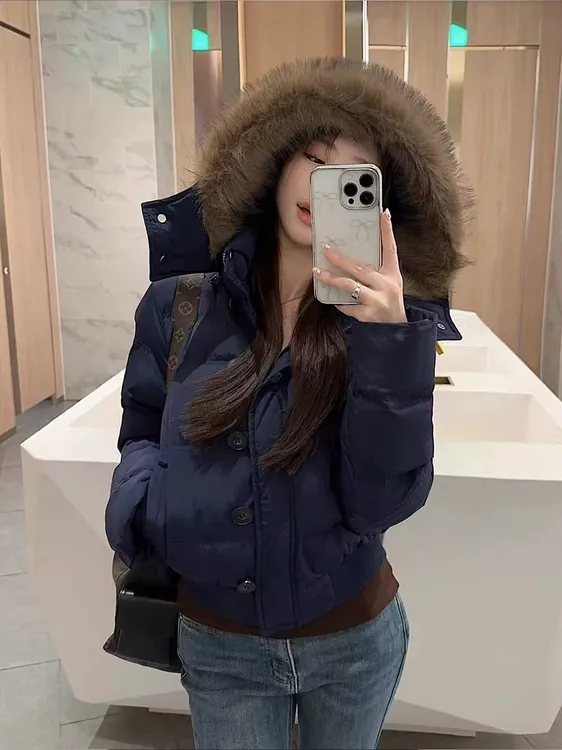 菲奥娜藏青色短款小个子棉服女2025冬季新款高级显瘦棉衣加厚外套