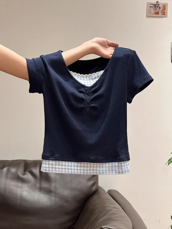 藏青色复古假两件蕾丝格子V领短袖t恤女夏小众独特抽褶摩斯风上衣
