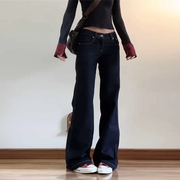 雪千羽美式深蓝色低腰微喇牛仔裤女2025春秋宽松显瘦不贴腿拖地裤