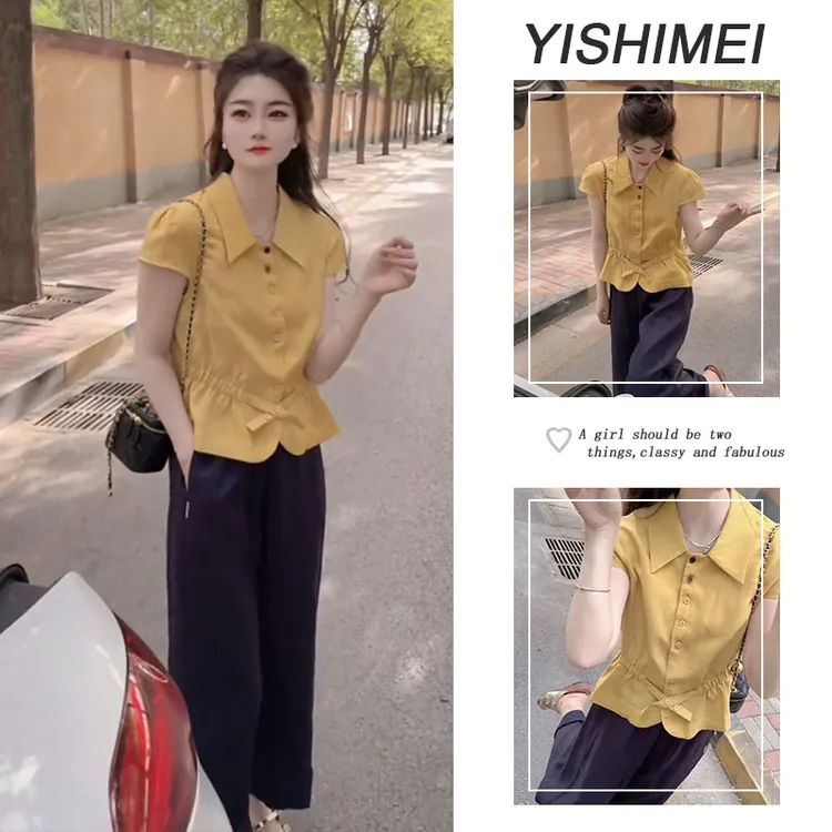 套装女2025年新款爆款时尚百搭减龄翻领短袖上衣休闲裤两件套装