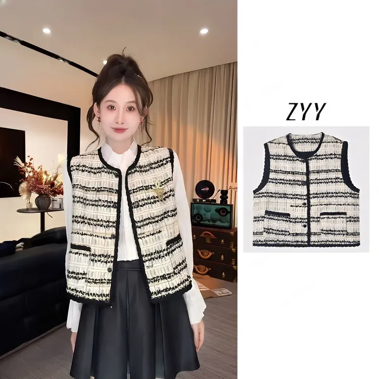 ZYY【空灵之梦】2025/S新品撞色V领小香风无袖混纺马夹女X25QM03059
