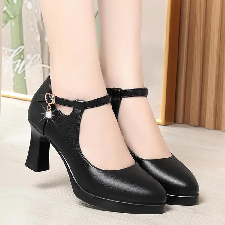 模特圆头工作鞋尖头防水台粗跟黑色舞蹈鞋配旗袍高跟鞋女鞋工作鞋