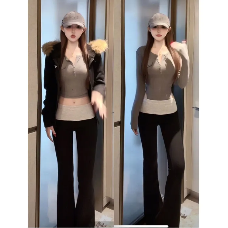 【超模裤】美式微喇裤高腰拼接撞色休闲百搭显瘦马蹄裤垂感拖地长裤