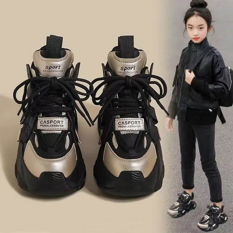 ABC 女童加绒运动鞋保暖冬季2025新款皮面防水儿童老爹鞋中大童鞋