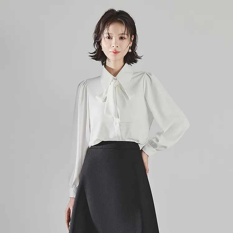 白色衬衫长袖上衣女秋季新款面试职业通勤正装可拆卸飘带雪纺衬衣