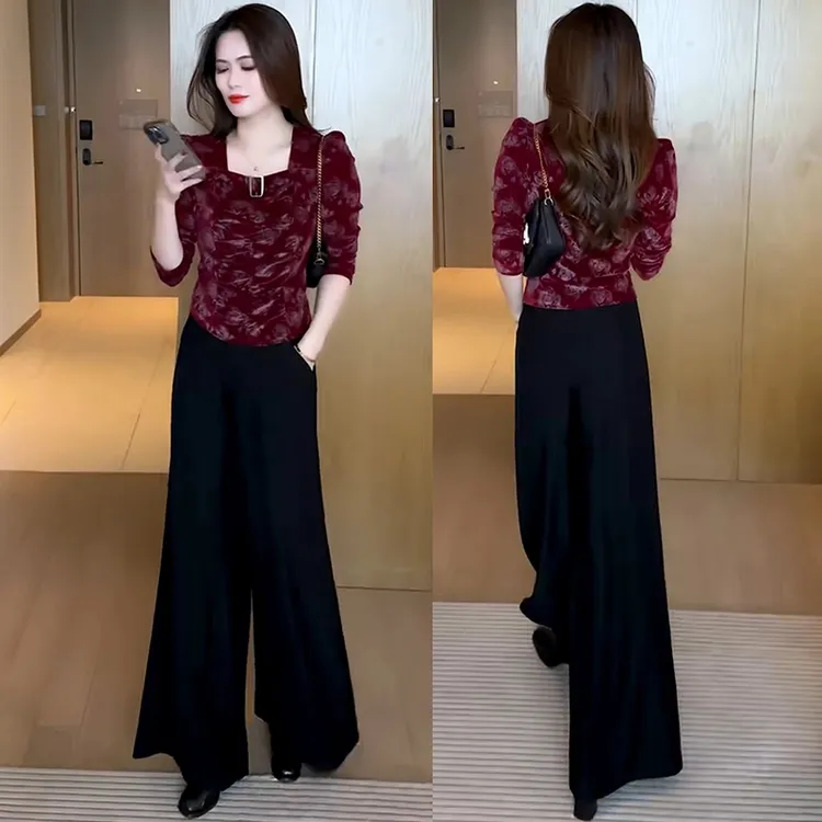 高级感提花上衣女长袖T恤2025春秋新款设计感洋气显瘦丝绒打底衫