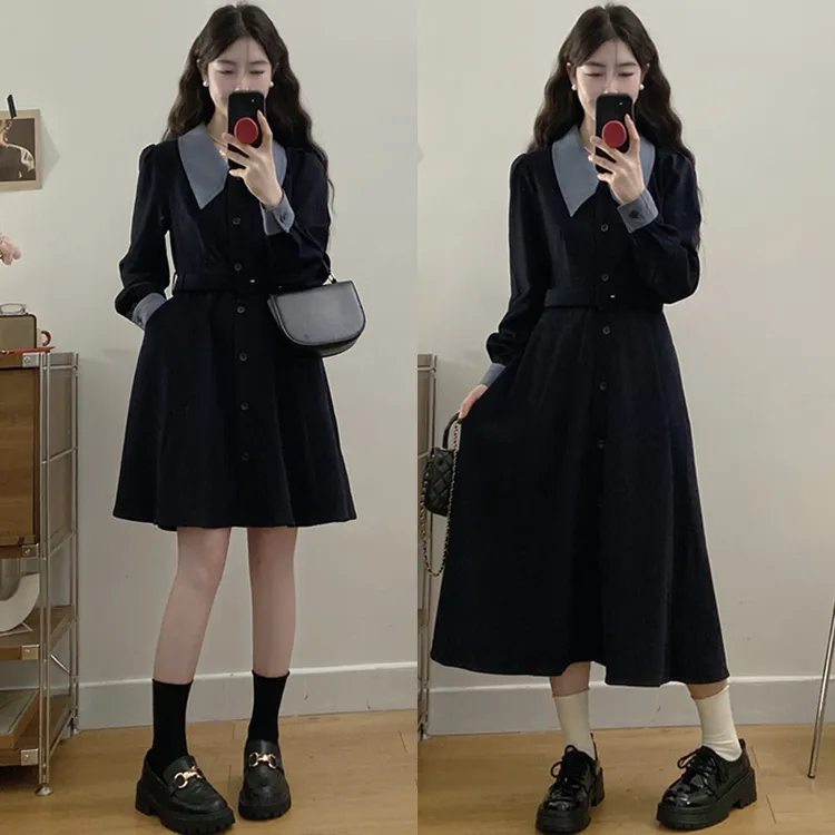 大码胖mm女装秋冬新款设计感长裙撞色显瘦收腰气质连衣裙女