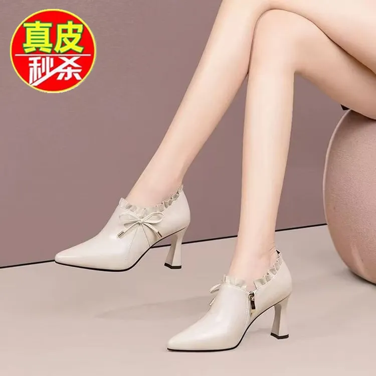 品牌断码真皮尖头深口高跟单鞋女粗跟2025新款时尚蝴蝶结春秋女鞋