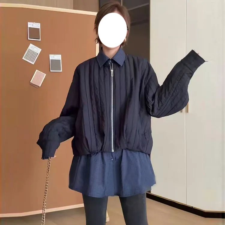 高级感假两件棉服棉衣女2025冬季大码胖MM韩系休闲宽松保暖短外套