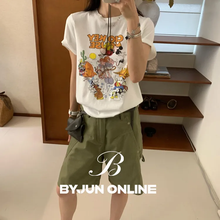 ByJunjun冒险米奇卡通印花领口磨破短袖夏季显瘦圆领T恤女款新款