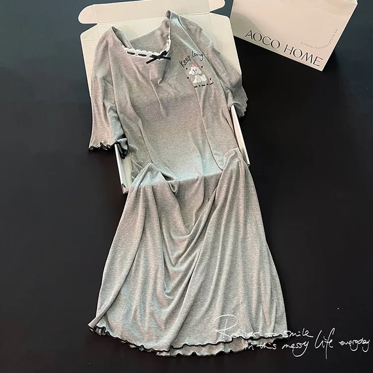 可外穿睡裙女夏季莫代尔棉灰色蝴蝶结可爱小狗短袖休闲睡衣家居服