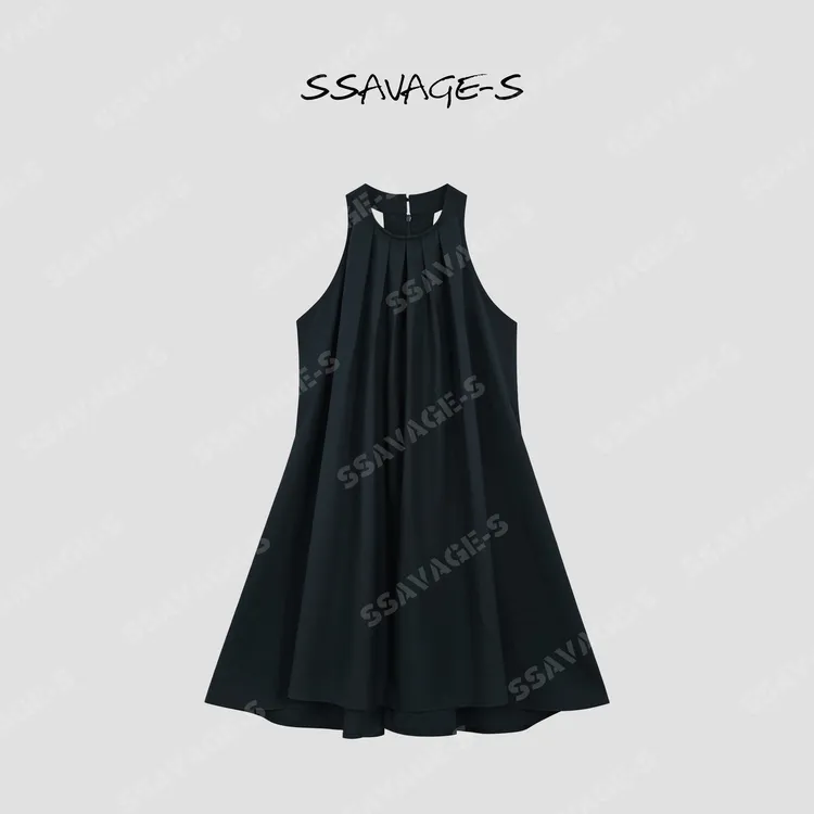 SSAVAGE"夜色漫行" 极简挂脖无袖宽松显瘦 A 字小黑裙SS91160
