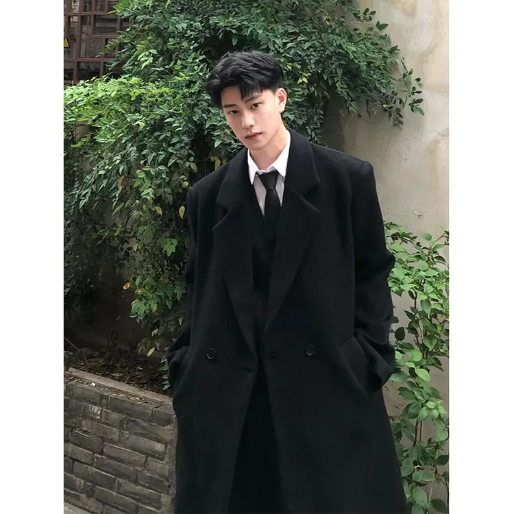 黑色毛呢大衣男款秋冬韩系穿搭中长款高个子风衣cleanfit正肩外套