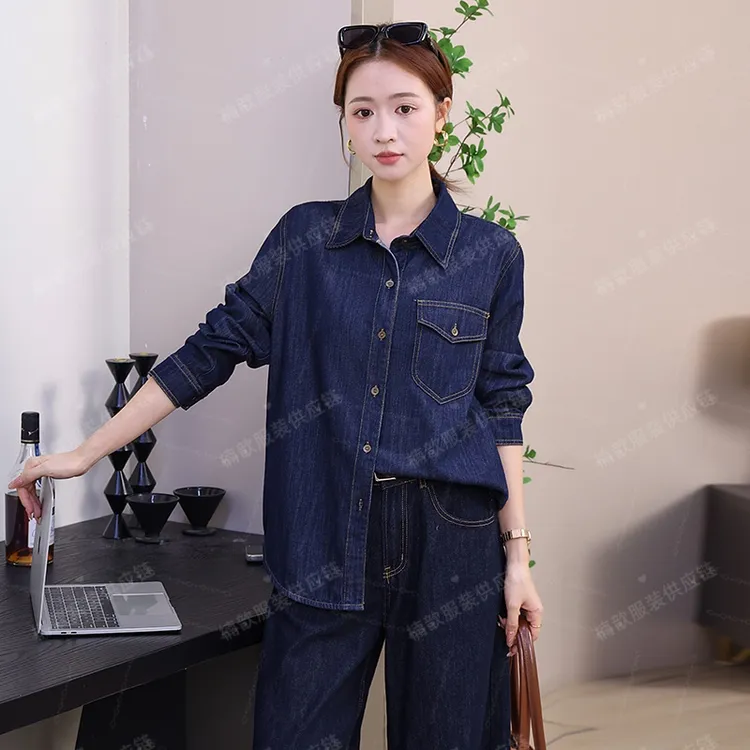 不掉色复古牛仔衬衫女2025春装新款上衣休闲港风宽松正肩长袖衬衣