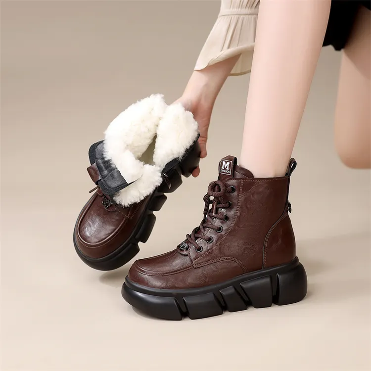 冬季真皮羊毛靴女松糕厚底雪地靴加厚加绒增高短靴保暖棉鞋马丁靴