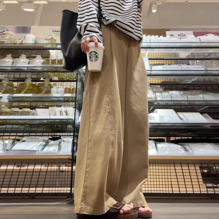 日系慵懒松弛感卡其色工装裤女秋新款胖mm宽松显瘦直筒阔腿休闲裤