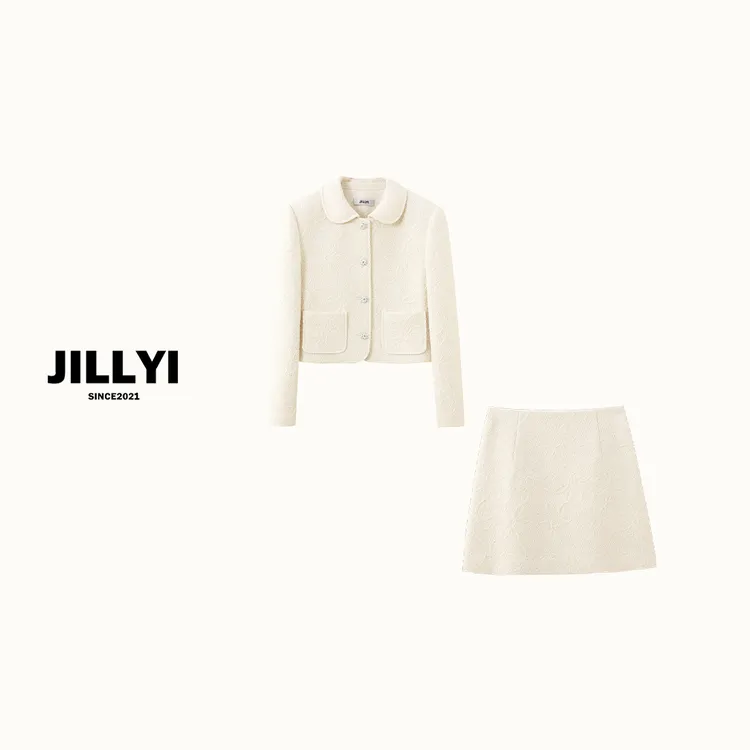 jillyi【花朵银白】白色线条花朵外套+白色半身裙秋冬时尚套装