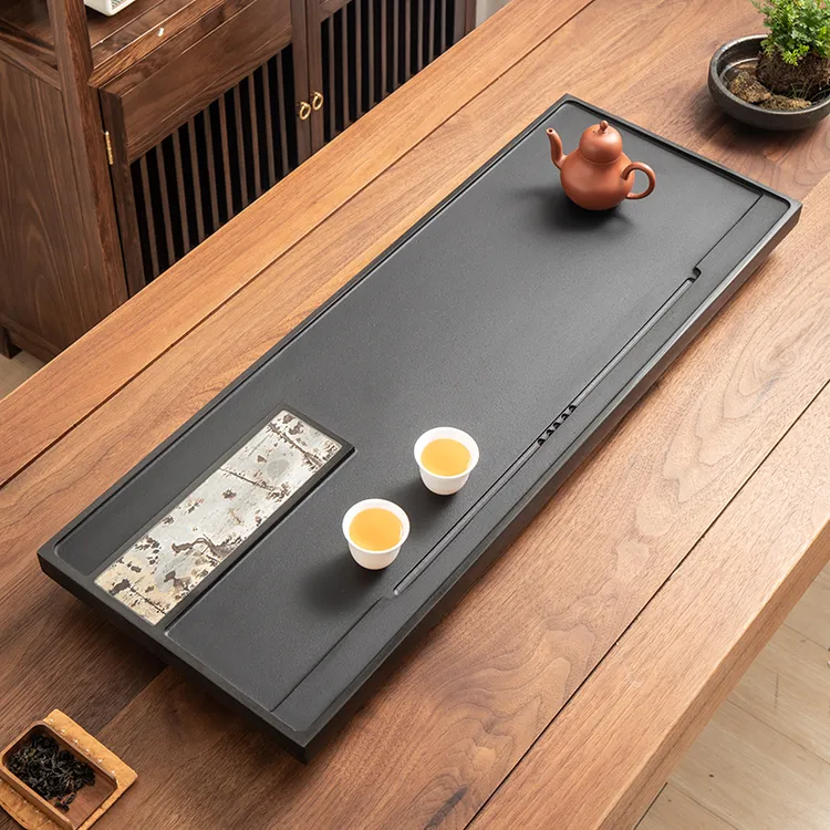 天然乌金石茶盘镶嵌国画石新款简约家用轻奢高档茶桌专用排水茶台