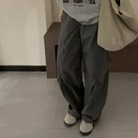 秋季时尚韩系休闲百搭侧边大口袋褶皱梭织工装长裤-M25302322