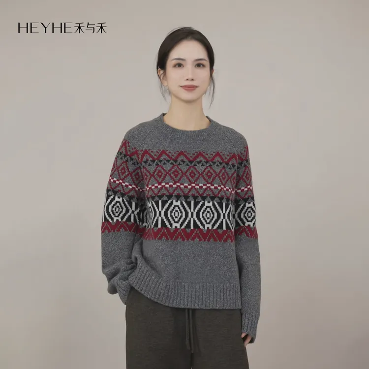 小禾【欧若拉】100绵羊毛费尔岛系列文艺复古风圆领女秋冬加厚毛衣