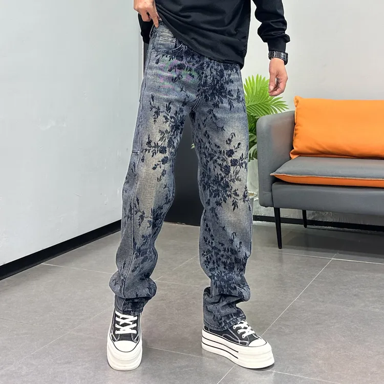 美式复古刺绣提花牛仔裤男冬季加厚新款宽松直筒潮牌个性长裤