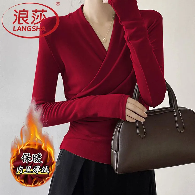 浪莎爆款法式设计感小众v领交叉不规则上衣女秋冬收腰内搭打底衫