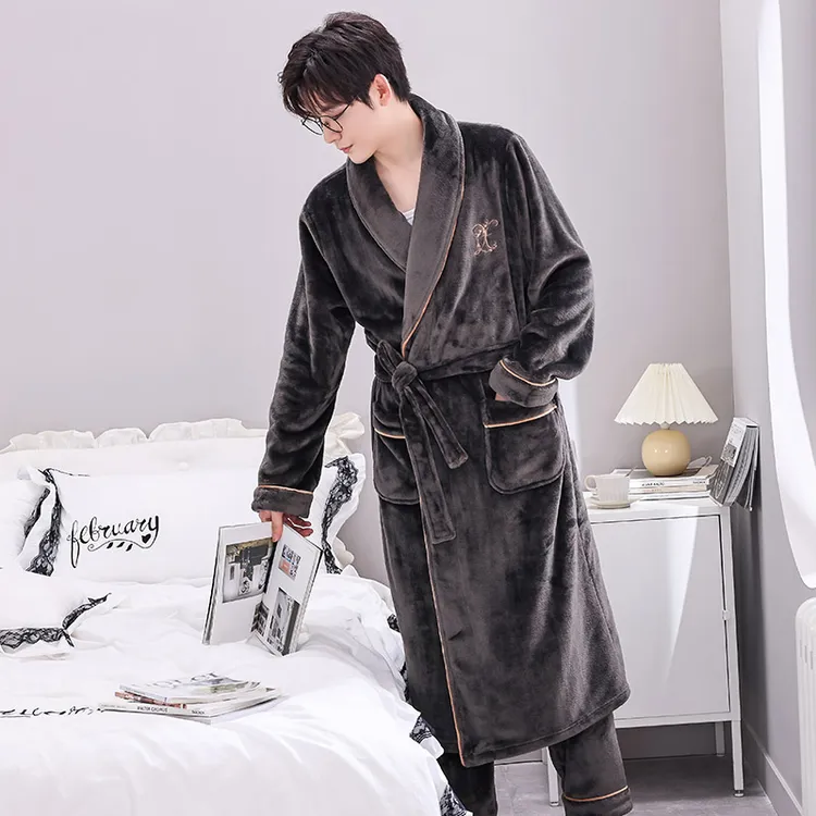 秋冬季法兰绒睡衣男士加绒加厚长款睡袍珊瑚绒浴袍男款家居服晨袍
