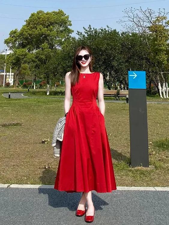 Y9483法式气质方领红色无袖连衣裙女春夏出游收腰中长款礼服裙
