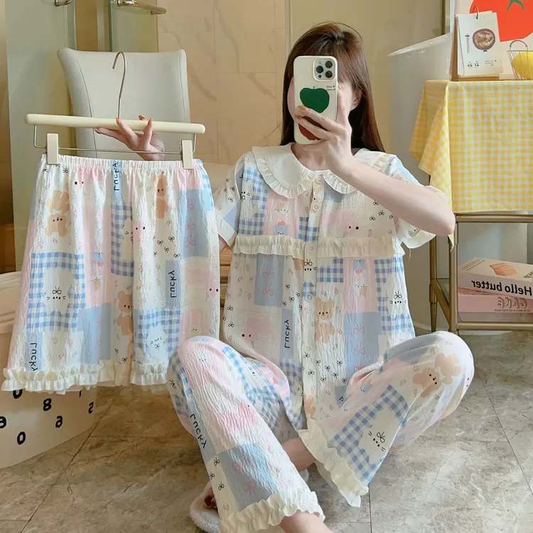【晶晶专属】夏季带胸垫可爱甜美三件套娃娃领家居服