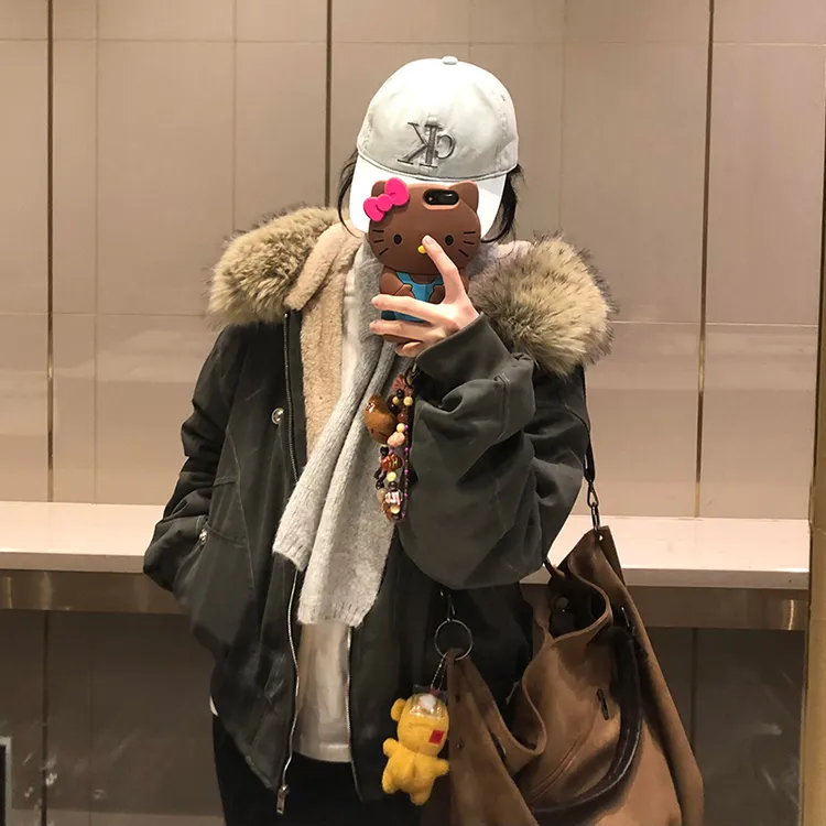 座山雕保暖棉服大毛领加绒宽松棉衣棉袄派克服冬季新款女加厚外套