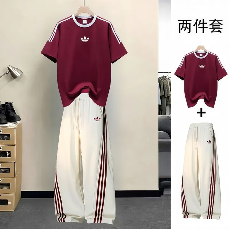 奥莱潮牌折扣专区丨夏季纯棉冰丝套装男宽松t恤运动套装阔腿长裤