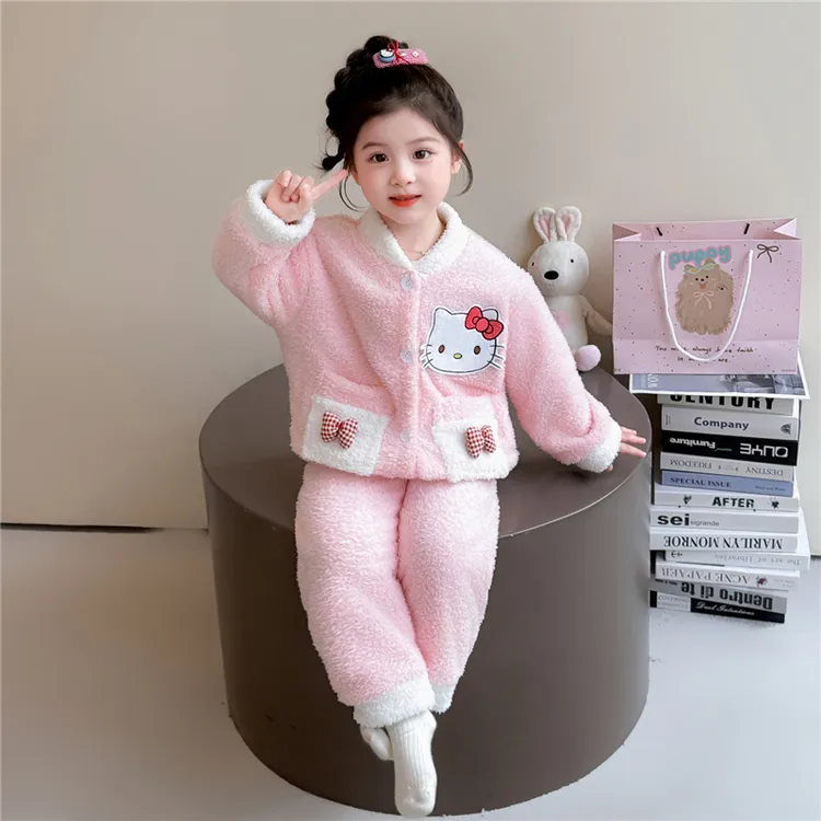 女童KT猫睡衣法兰绒秋冬款2025新款儿童珊瑚绒卡通套装宝宝家居服