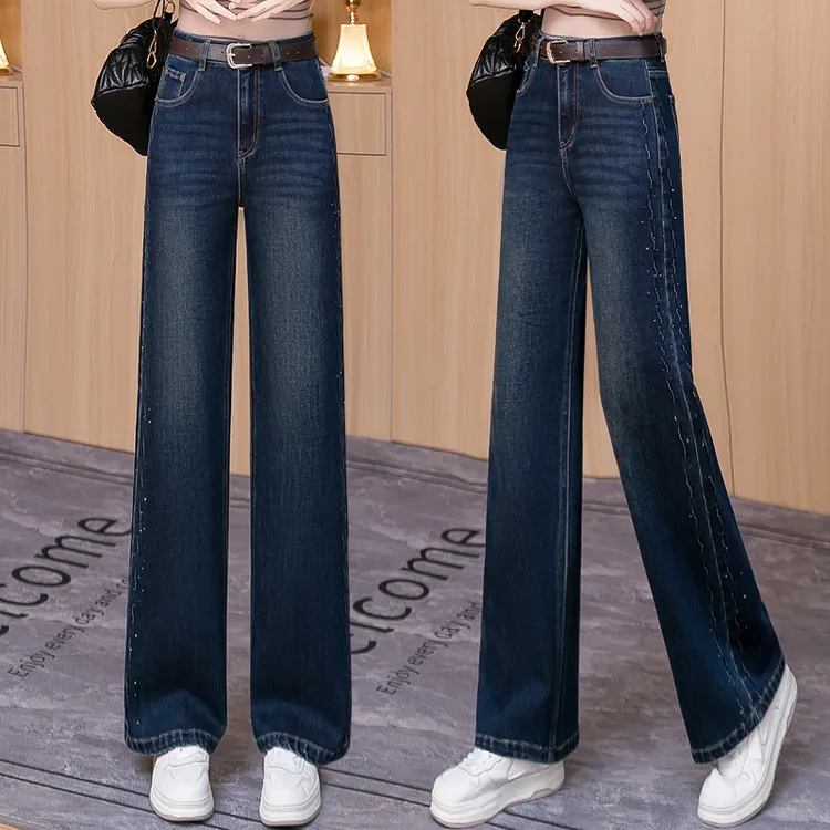 侧边女款刺绣烫钻阔腿牛仔裤2025年新款女秋季高腰爆款休闲直筒裤