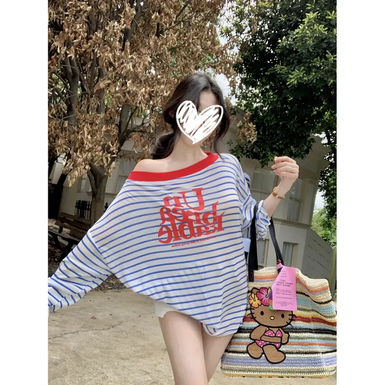 夏季薄款撞色一字肩字母印花宽松条纹长袖T恤女防晒罩衫微透上衣