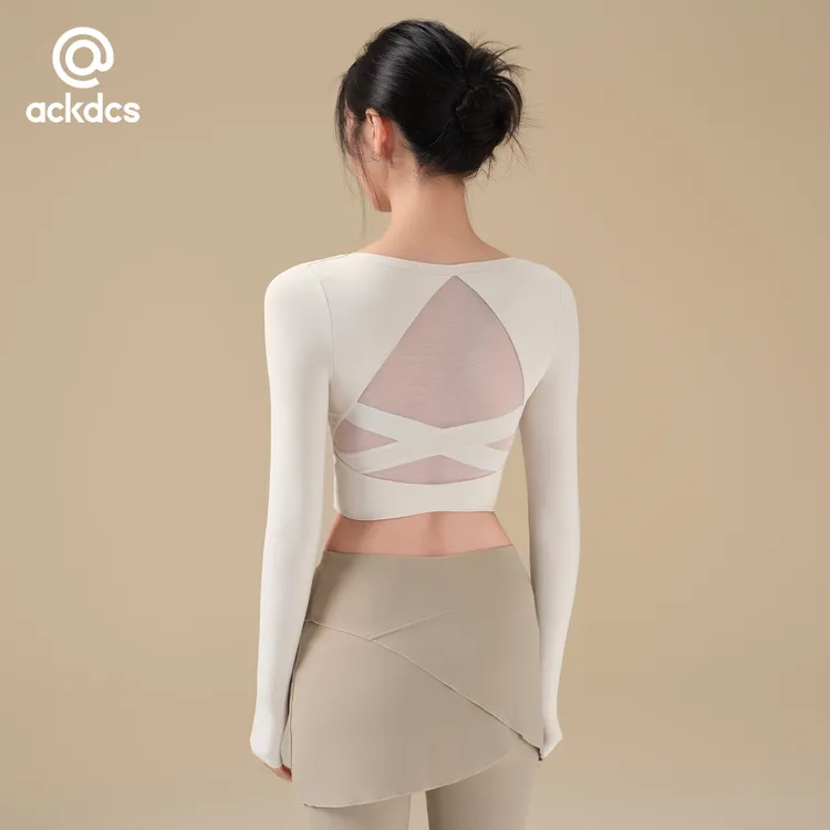 Ackdcs带胸垫瑜伽服上衣秋季新款网纱美背运动长袖普拉提健身T恤
