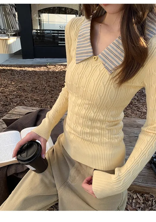 洋气v领麻花修身假两件毛衣可外穿针织衫女款冬季新款内搭上衣