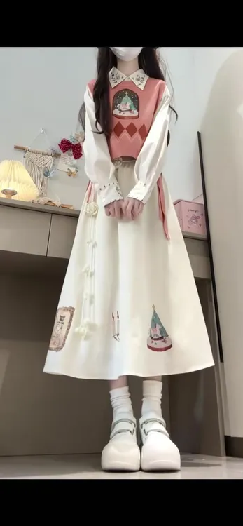2025早秋新款韩系穿搭氛围感粉色马甲搭配POLO领连衣裙时尚两件套