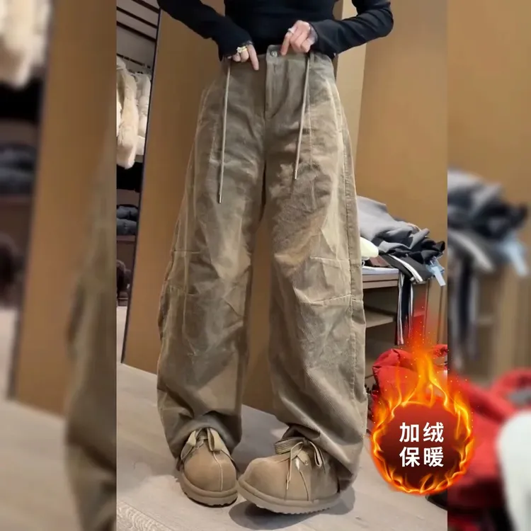 加绒加厚抽绳弯刀休闲裤女冬季新款时髦百搭高腰宽松显瘦阔腿裤子